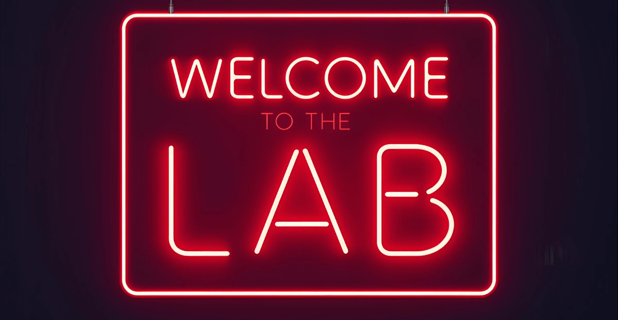 Neon Welcome to the Lab sign